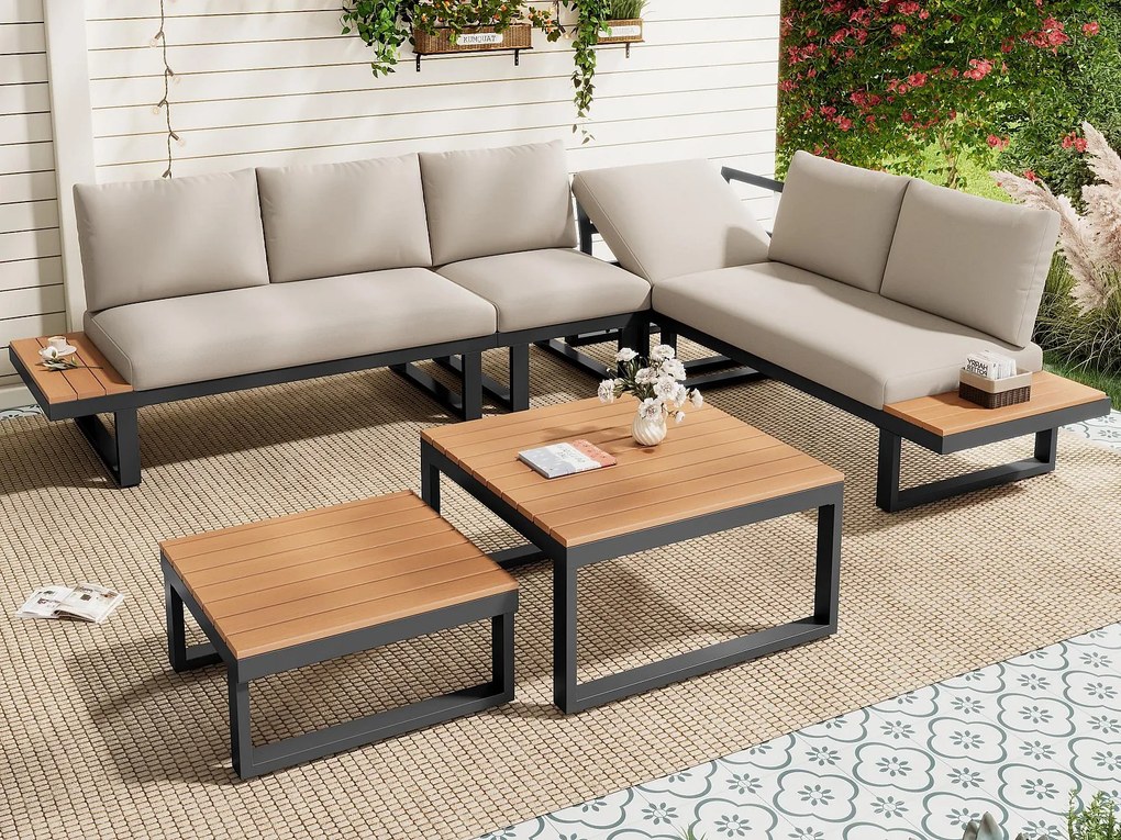 Salon ogrodowy - zestaw mebli - 6 osób - z żelaza ocynkowanego - kanapa narożna - ze stolikiem kawowym w stylu gniazdowym - blat z tworzywa drewnopodobnego - Beżowy