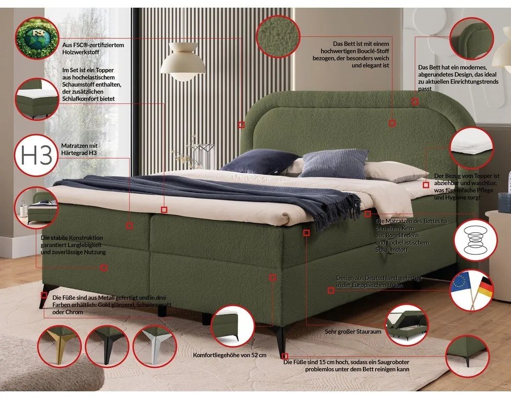 Zielone łóżko kontynentalne ze schowkiem 160x200 cm Ornes – Ropez