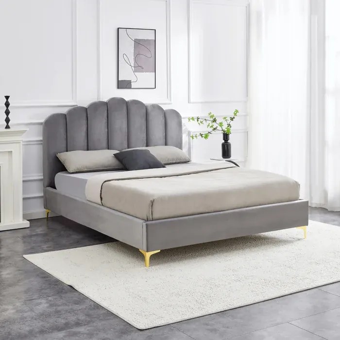 Łóżko Tapicerowane 160x200 cm GEMINI ze Stelażem Dwuosobowe Welurowe Szare Glamour