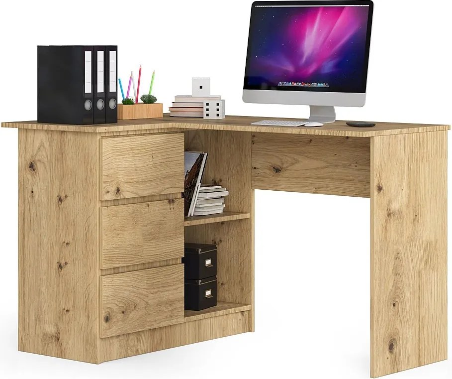 Biurko narożne AKORD B16 Dąb Artisan 124 cm lewe 3 szuflady kolor Dąb Artisan mat 2 półki 124x85x77 cm