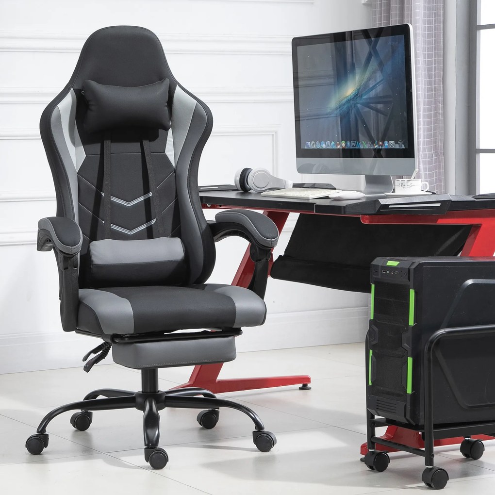 Vinsetto Ergonomiczne krzesło gamingowe z podnóżkiem krzesło biurowe do biurka czarne | Aosom PL