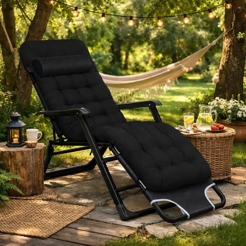 Leżak ogrodowy rozkładany Tossa, poduszka czarna, stelaż czarny