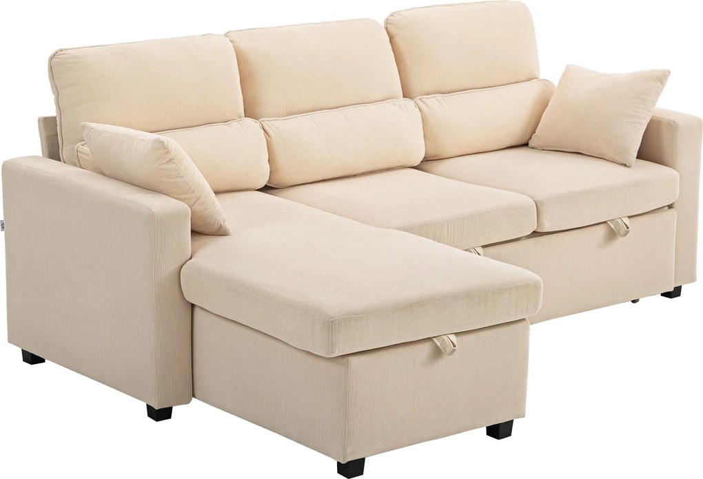 HOMCOM Sofa rozkładana narożna z funkcją łóżka i pojemnikiem na pościel do salonu i pokoju gościnnego beżowa | Aosom PL