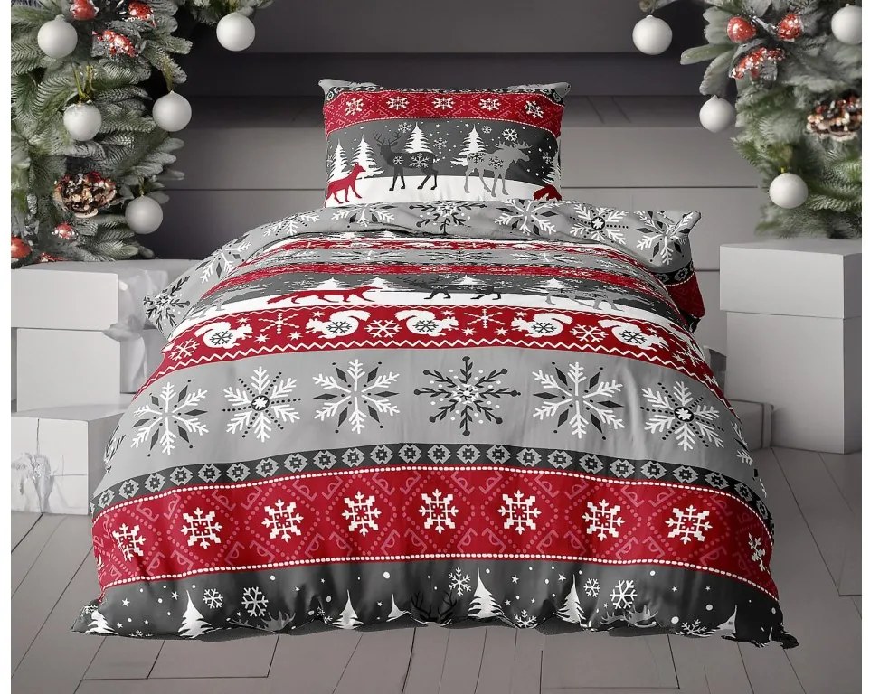 PrzytulneMieszkanie.pl PrzytulneMieszkanie.pl PrzytulneMieszkanie.pl Pościel flanelowa SNOWY FOREST szara + prześcieradło z mikropluszu SOFT 90x200 cm ciemnoszare