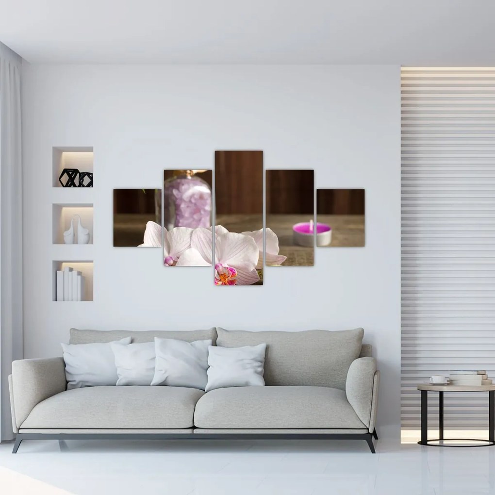 Obraz - Świeca i orchidee (125x70 cm)