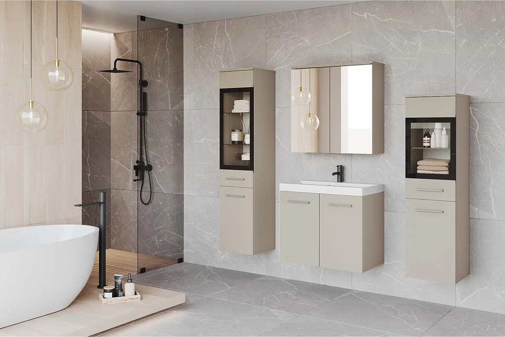 Meble łazienkowe z LED, zestaw wiszący do łazienki z umywalką, 2 słupkami i szafką lustrzaną, kaszmirowy beż