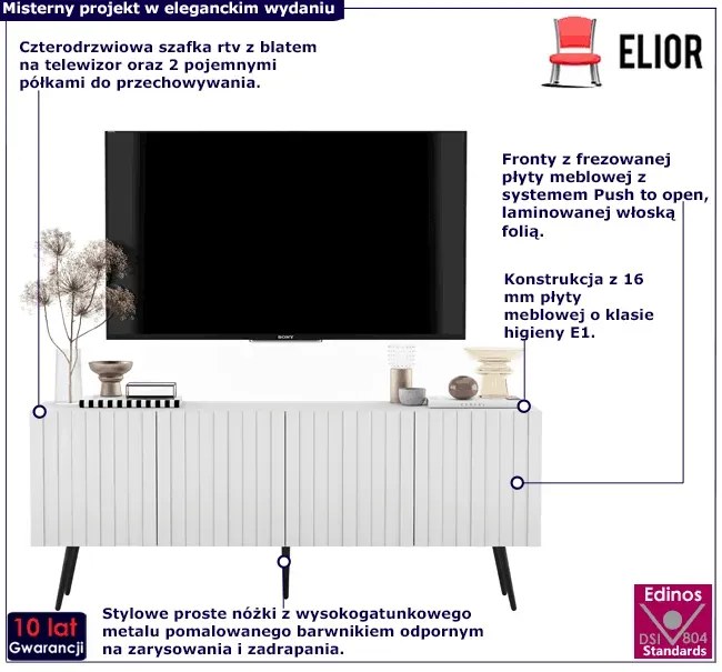 Biała ryflowana szafka pod telewizor na nóżkach F5-M07