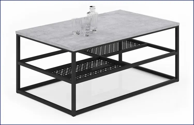 Prostokątna ława z półkami beton + czarny - Hila 4X