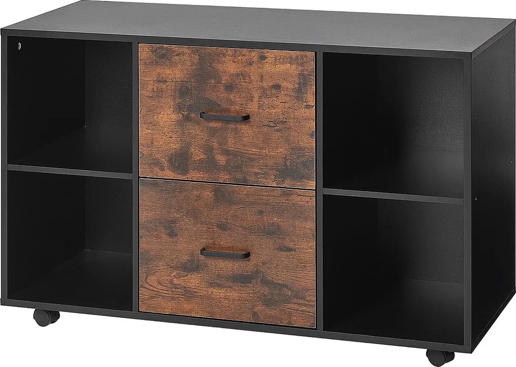 Ruchomy Regał na Dokumenty SucceBuy z Drewna, Mebel Biurowy z 2 Szufladami, Otwartymi Półkami i Blokowanymi Kółkami, do Biura, Czarny