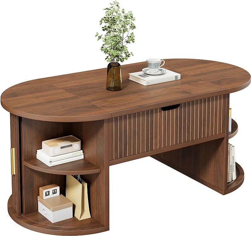 Stolik kawowy z podnoszonym blatem do salonu - 100 x 50 x 40,5 cm - z ukrytym schowkiem i przesuwanymi drzwiami - MDF - brązowy