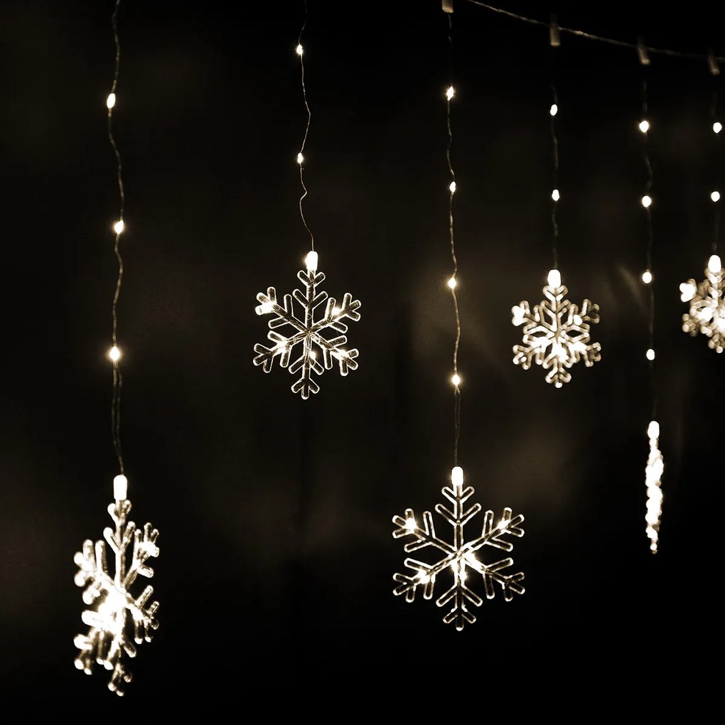 Kurtyna świetlna zewnętrzna Snowflakes, 200 x 60 cm, LED ciepła biała timer, 8 funkcji, na baterie, 200 cm