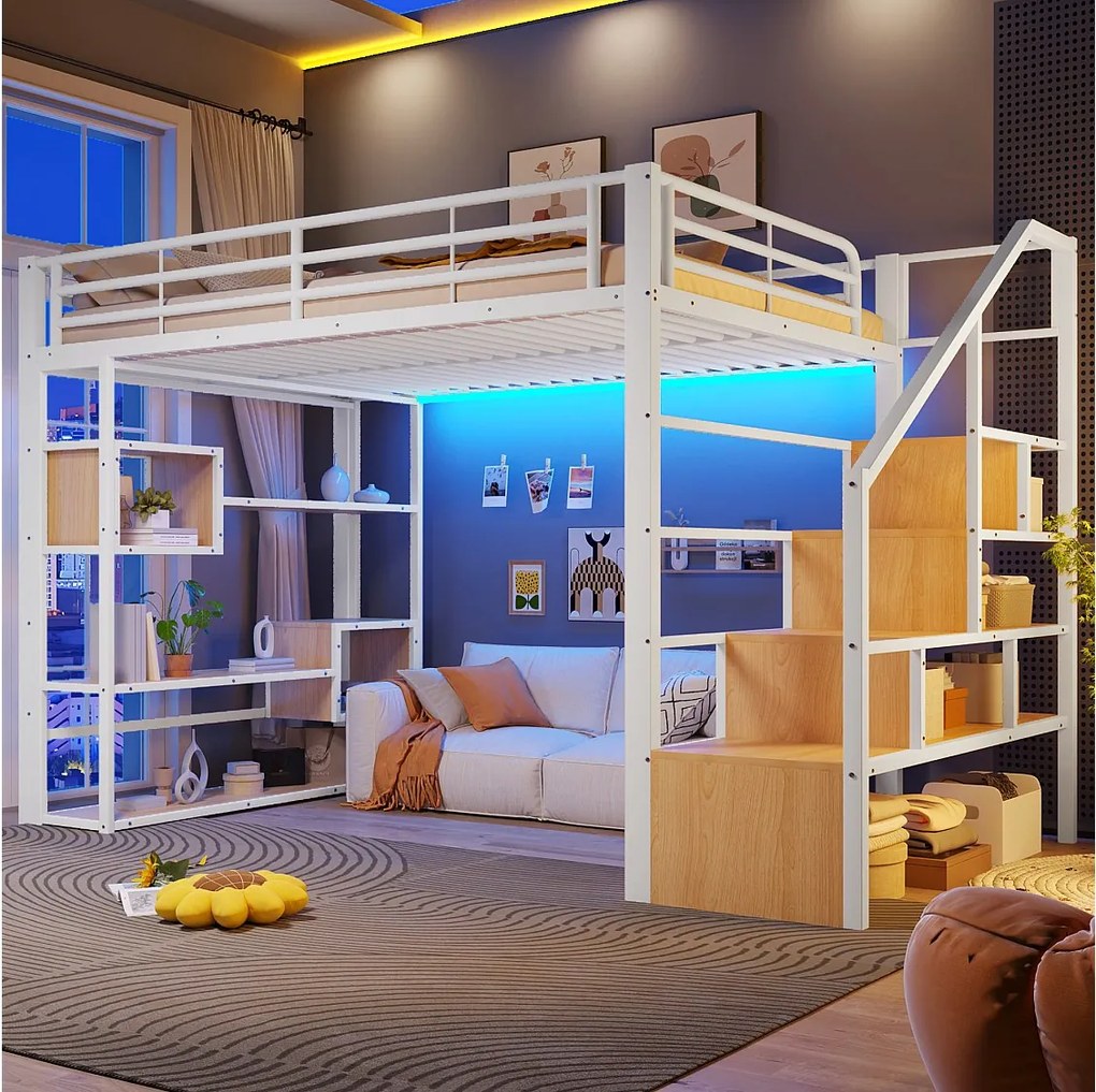 Łóżko piętrowe 140 x 200 cm ze schodkami do przechowywania, otwarte półki pod łóżkiem – Metal i płyta MDF – LED – Białe (Materac nie jest wliczony w cenę)