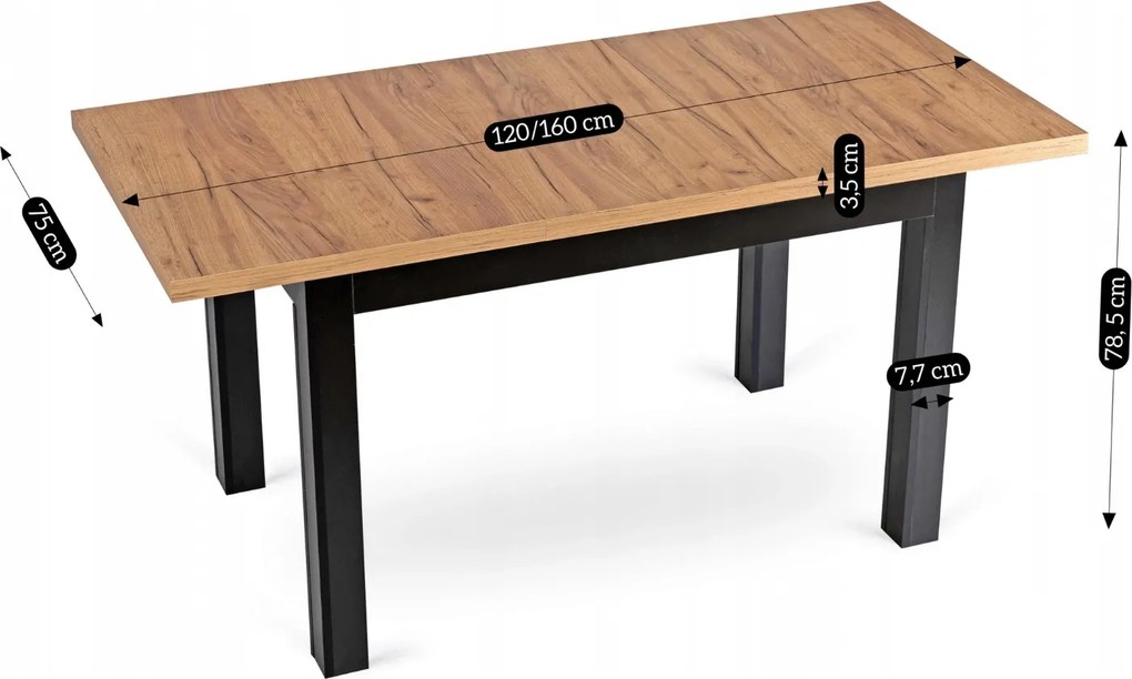 Loftowy stół rozkładany Skubi 120-160 cm, dąb craft/czarny