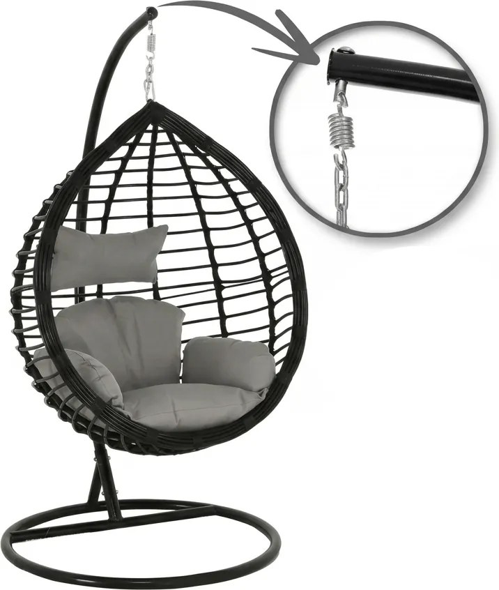 Wiszący fotel TARINO ze stojakiem, czarny/szara poduszka