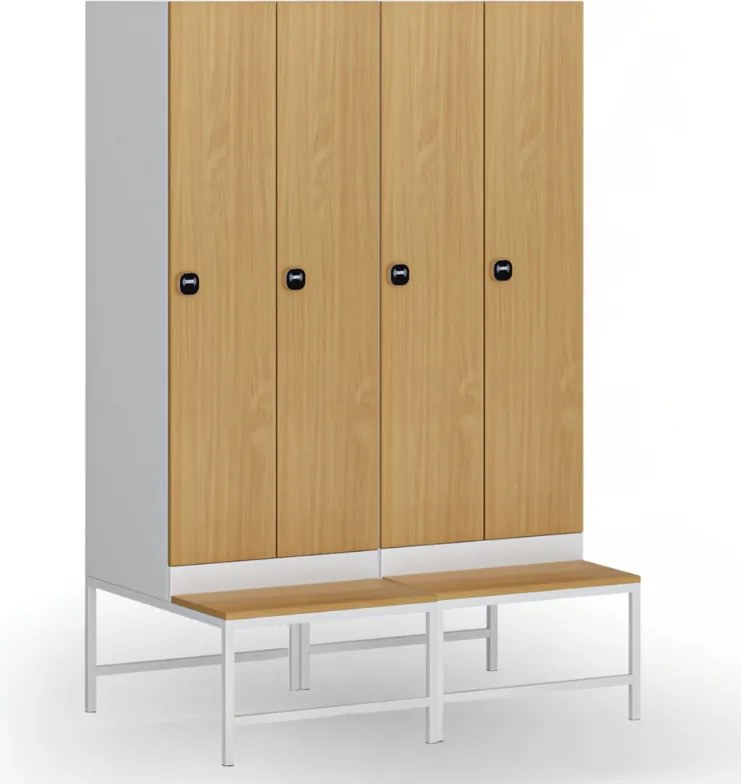 Szafka ubraniowa S1 z ławką, 2-drzwiowa, 1875 x 600 x 500/800 mm, zamek RFID, drzwi laminowane, dąb naturalny