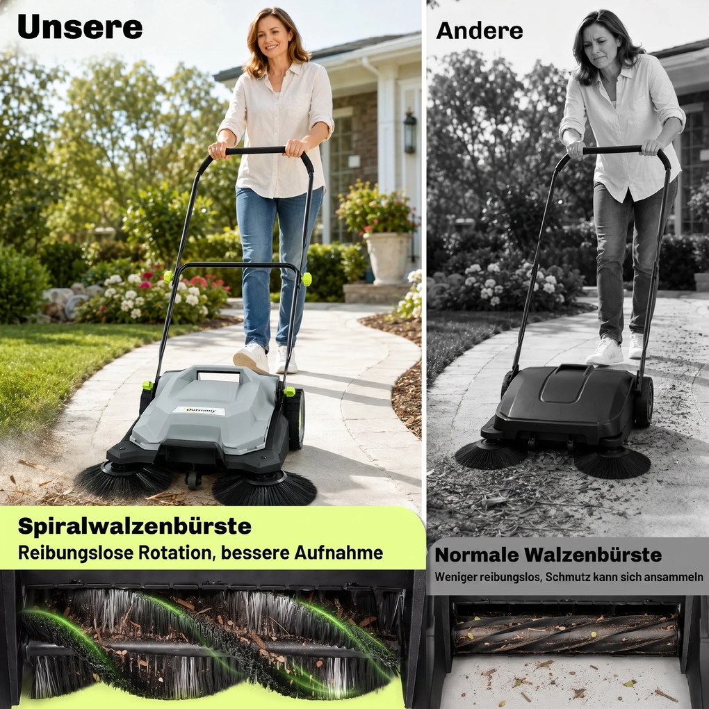 Outsunny Zamiatarka ręczna o szerokości zamiatania 68 cm, pojemnik na zabrudzenia 24 L, regulowany składany uchwyt 3-szczotkowy system zamiatania | Aosom PL