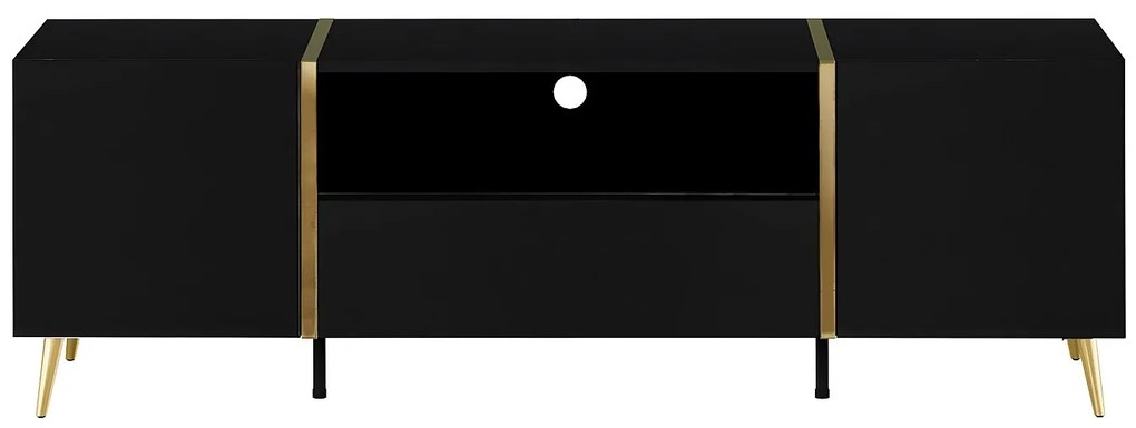 Szafka RTV 2-drzwiowa z 1 szufladą i 1 wnęką - Czarny z połyskiem i Złoty - MARZIALO