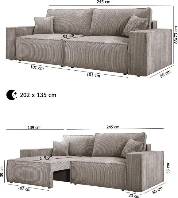 Kanapa KASJO Uniwersalny Sofo-Narożnik z funkcją spania i poduszkami, 2x pojemnik POSO 039 Miedziany DOMOHOME