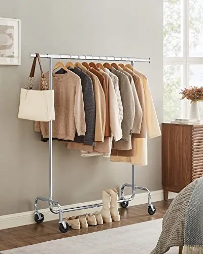 SongmicsHome Wieszak na ubrania IRENE na kółkach, max. 130 kg, 150x45x160 cm, srebrny