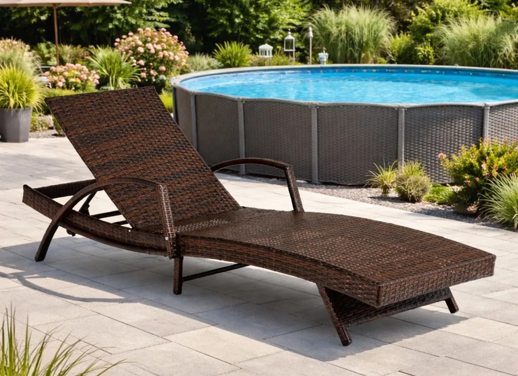 Leżanka ogrodowa z regulowanym oparciem Vibe, brązowy technorattan, beżowa poduszka