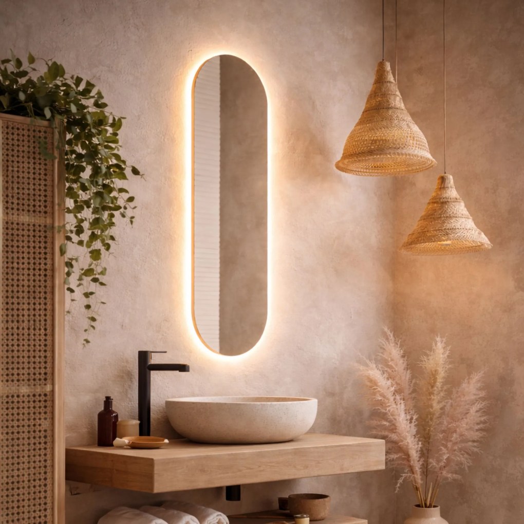 Lustro owalne bez ramy oszlifowane obracalne z podświetleniem PLATAN Slim LED | Różne rozmiary | Różne kolory : Kolor tafli szkła - Brąz, Rozmiar - 20 x 80 cm