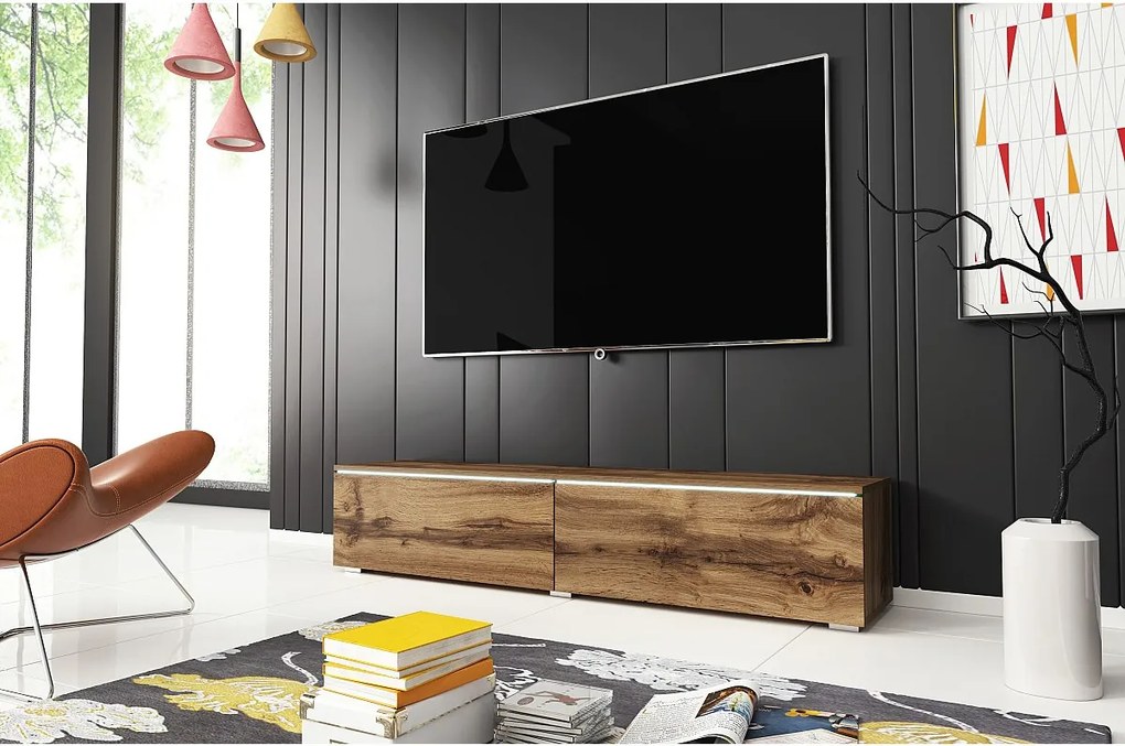 Nowoczesna szafka RTV 140 cm do salonu z LED 2-drzwiowa, bezuchwytowa, dąb wotan, stojąca lub wisząca