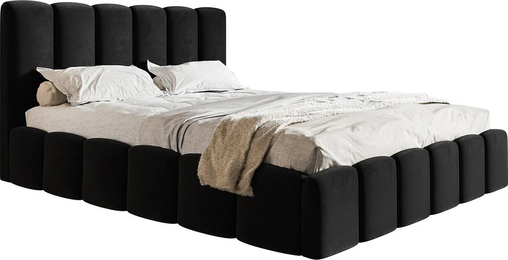 Łóżko tapicerowane 160x200 Palermo - pojemnik i stelaż, tkanina aksamitna, czarny (Amor Velvet 4322)