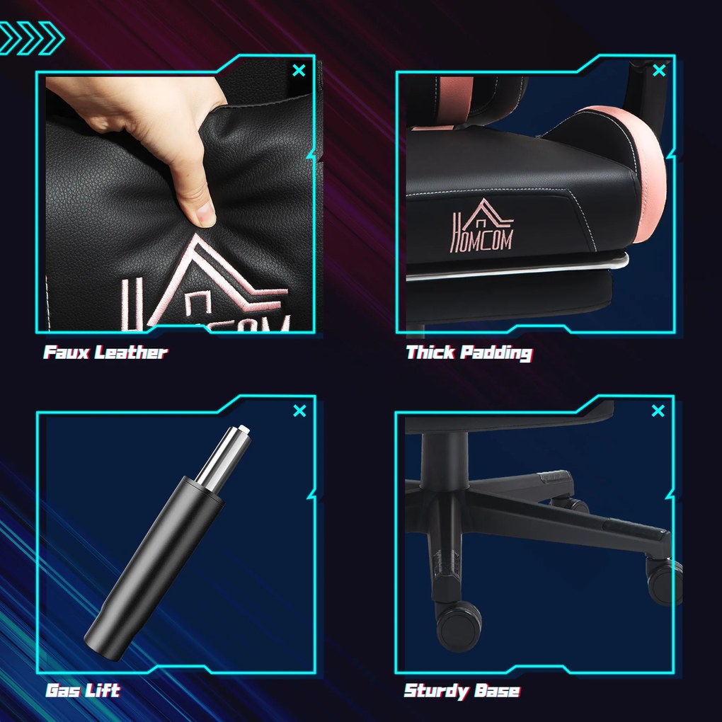 HOMCOM Fotel gamingowy z uszami kota, odchylane oparcie, wysuwany podnóżek, do 120 kg, Różowy/Czarny | Aosom PL