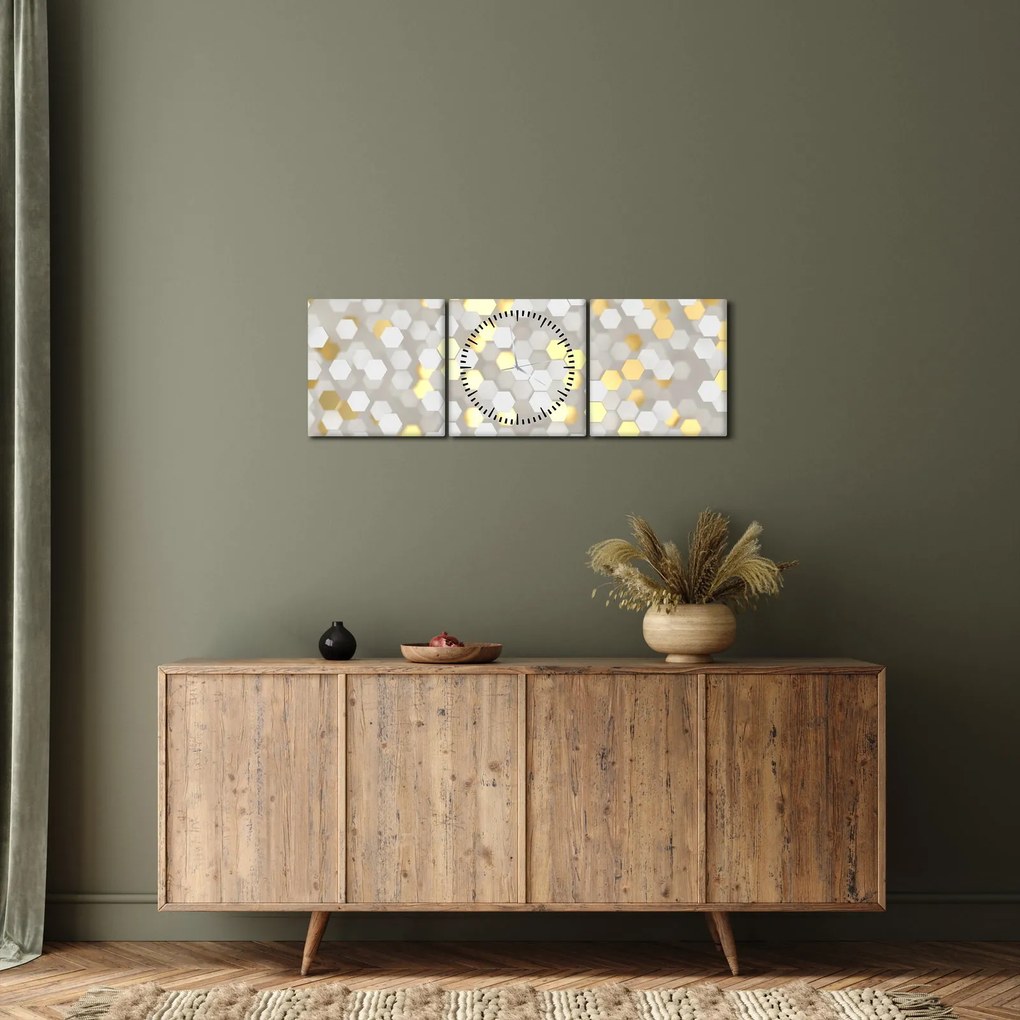 Obraz - Złoto - białe sześciokąty (z zegarem) (90x30 cm)