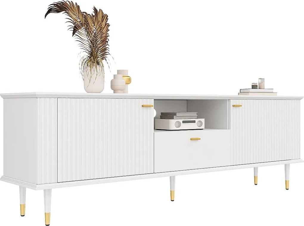 Szafka RTV z otwartymi przegródkami - 170 x 36 x 54,5 cm - z 2 drzwiami + 1 szufladą - MDF - biała