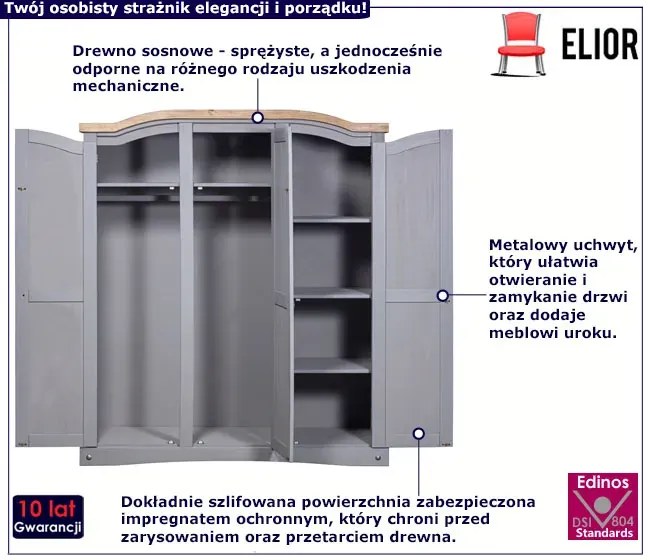 Rustykalna szafa z półkami i drążkiem szary + miodowy brąz - Emaro 5X