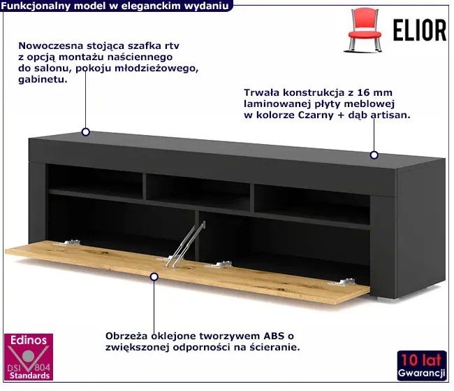 Stojąca lub ścienna szafka rtv czarny + dąb artisan - Hangis