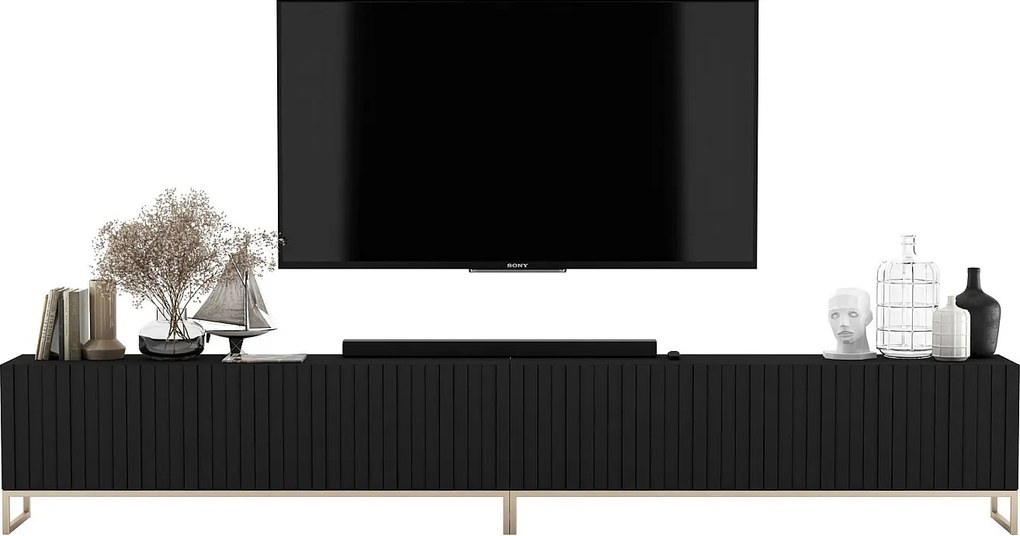 Szafka RTV z 8 drzwiami – korpus czarny mat, ryflowane fronty czarny mat – 300 cm, metalowy stelaż
