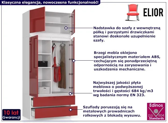 Nowoczesna dwudrzwiowa szafa z nadstawką biały + czerwony połysk - Ronoti 4X