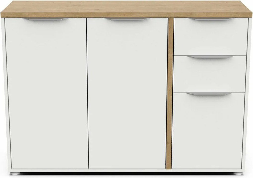 Bufet 3 drzwi 2 szuflady dekor dąb Hamilton i matowa biel L121,5 cm - Produkcja francuska, metalowe prowadnice