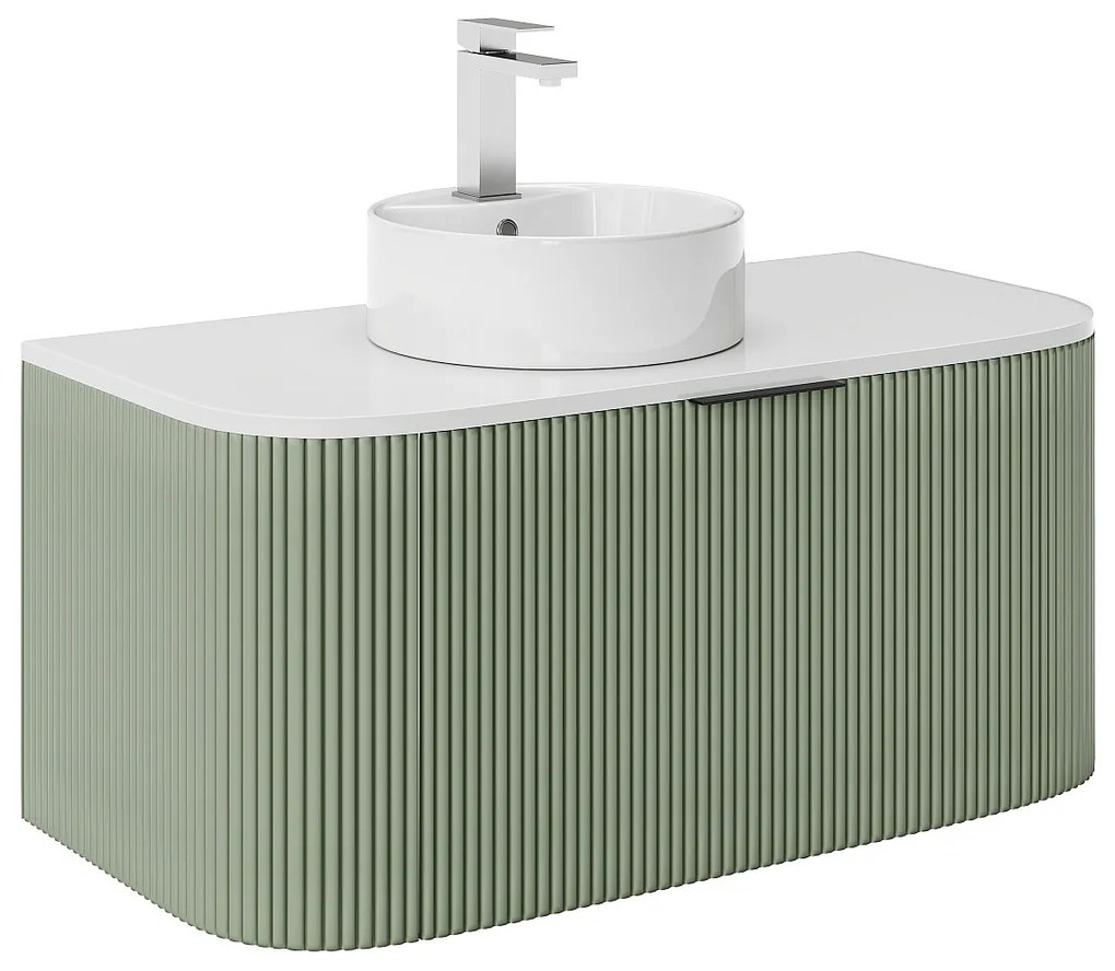 Podwieszana szafka łazienkowa prążkowana z umywalką nablatową i kranem – Matowa zieleń – 100 cm – LOMERI