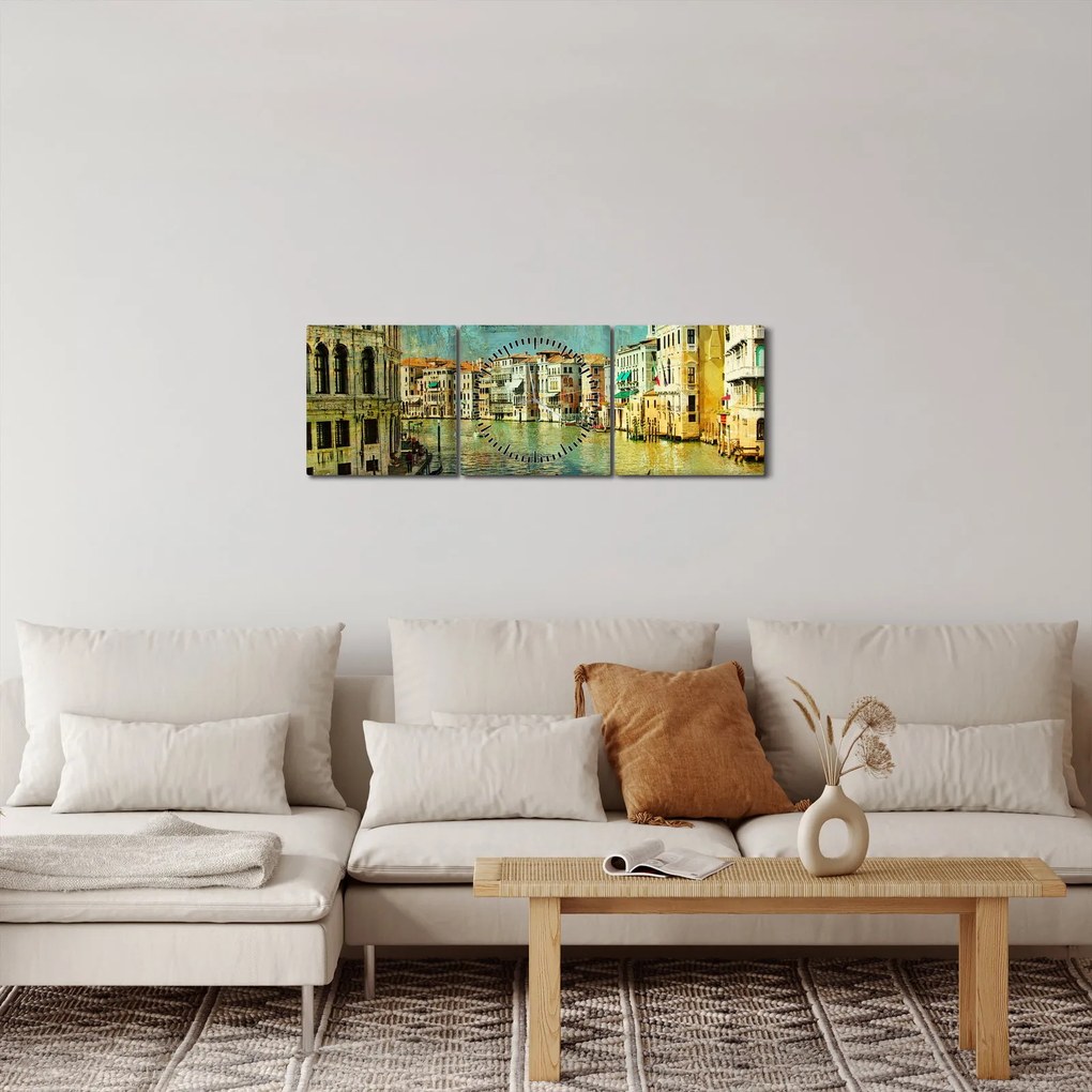 Obraz - Kanał wenecki i gondole (z zegarem) (90x30 cm)