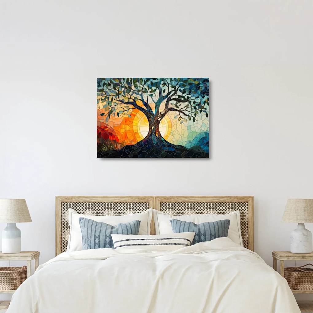 Obraz na szkle – Mozaika – słońce i drzewo I. (70x50 cm)