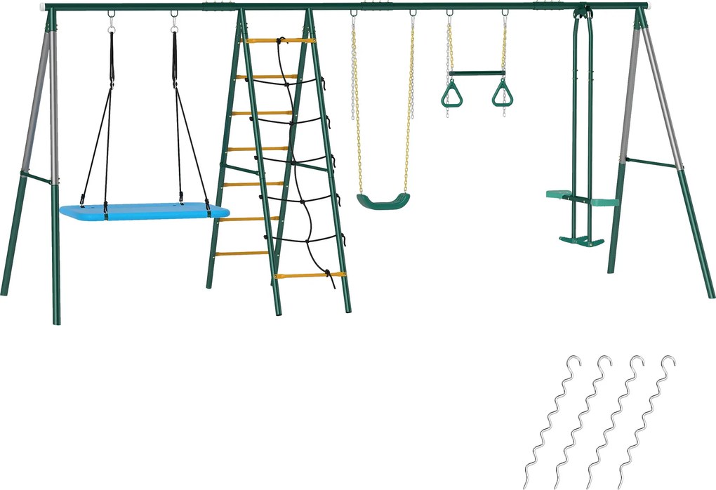 AIYAPLAY 5 w 1 huśtawka z regulowaną huśtawką typu gniazdo, kółkami gimnastycznymi, dwusiedziskiem, ścianką wspinaczkową, dla dzieci 3-8 lat, 440x175x203 cm | Aosom PL