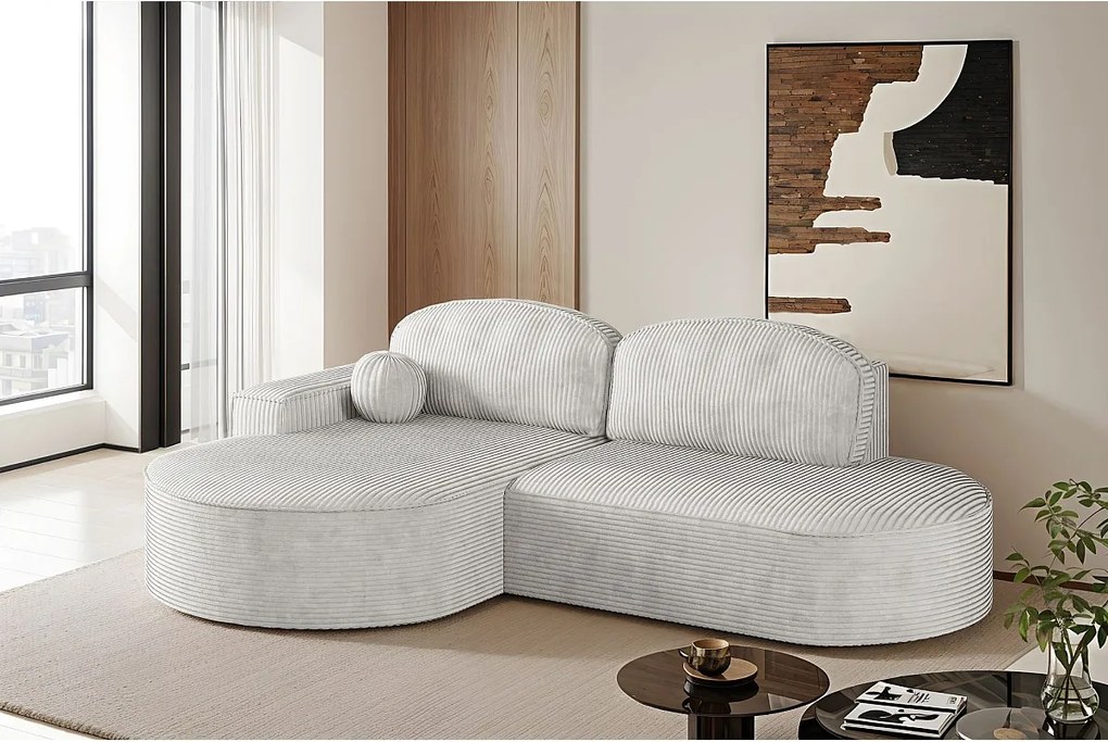 Narożnik z funkcją spania i pojemnikiem Modena Runden, tkanina Poso, Beżowy, Lewy