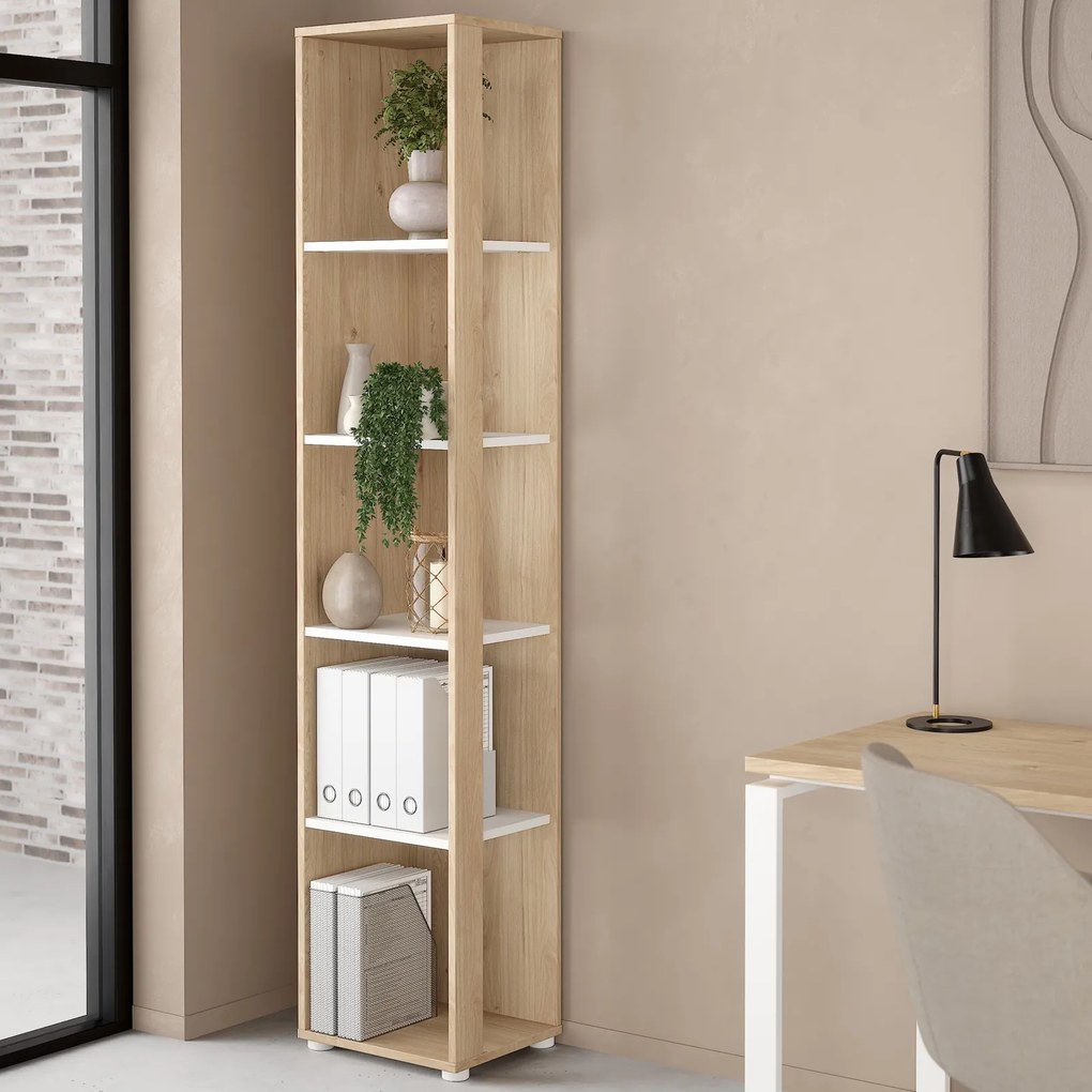 Wąski regał biurowy słupek 4 półki Sign 40 jackson hickory/biały mat