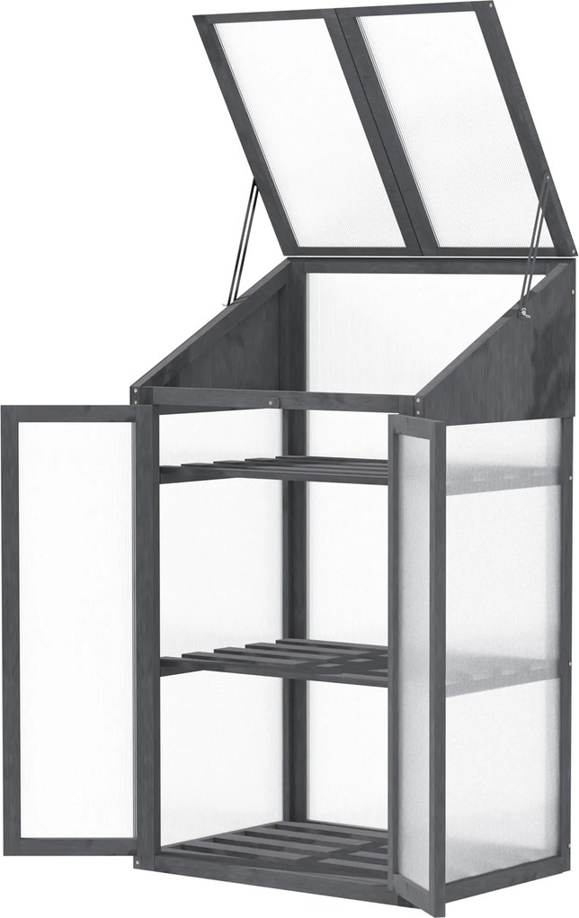 Outsunny Mini Szklarnia z Drewna, Mała Szklarnia z Oknami i Podwójnymi Drzwiami, 3 Półki, 70Dł x 50Szer x 120Wys cm, Szara