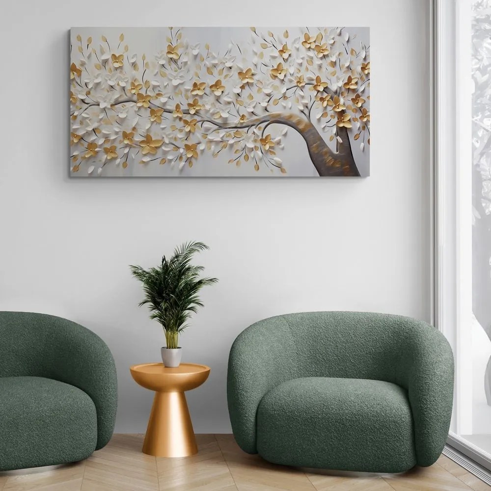 Obraz drzewo z biało-złotymi kwiatami