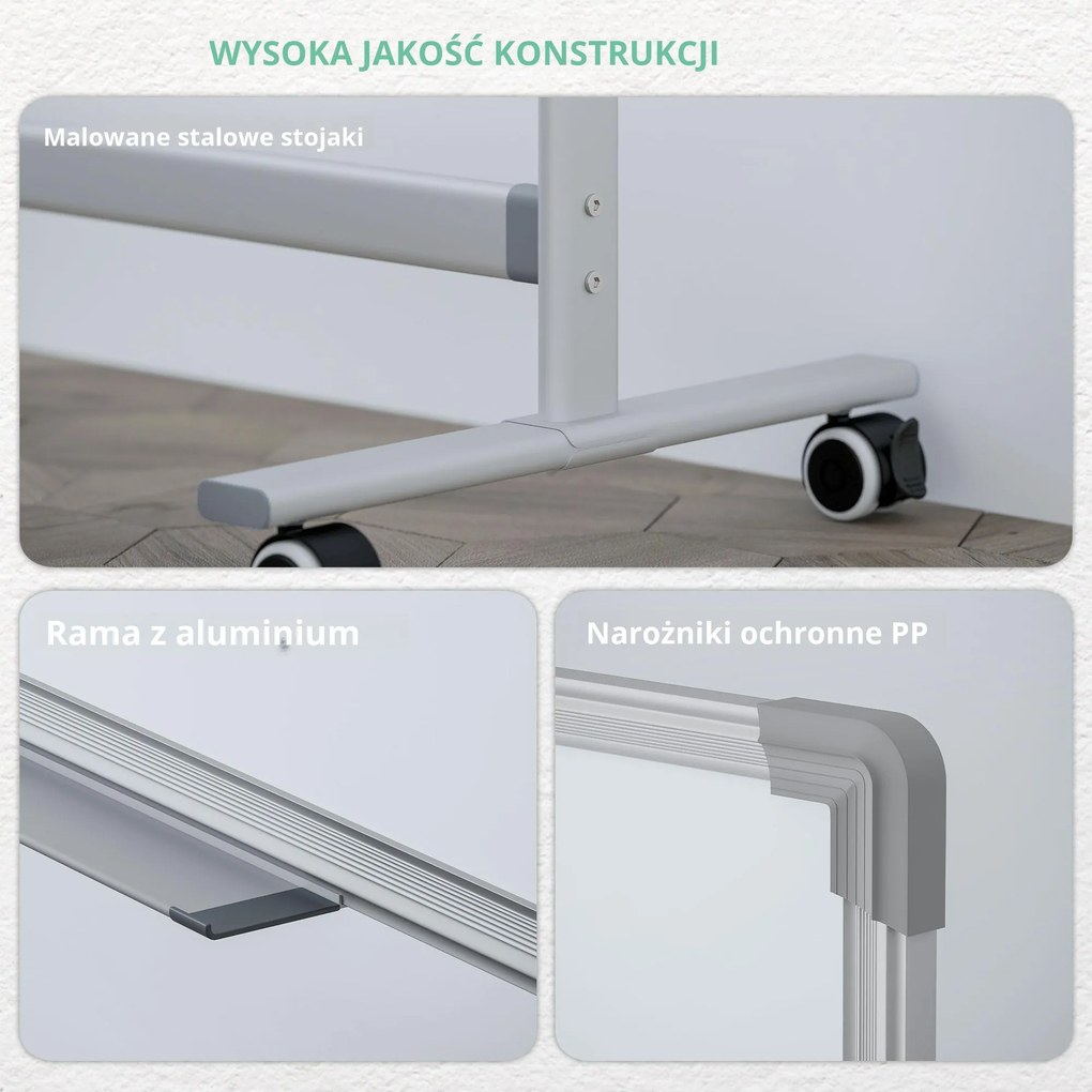HOMCOM Tablica Magnetyczna, 120 x 90 cm, Obrotowa, Mobilna, z Markerami & Gąbką, Stalowa Konstrukcja, Biała