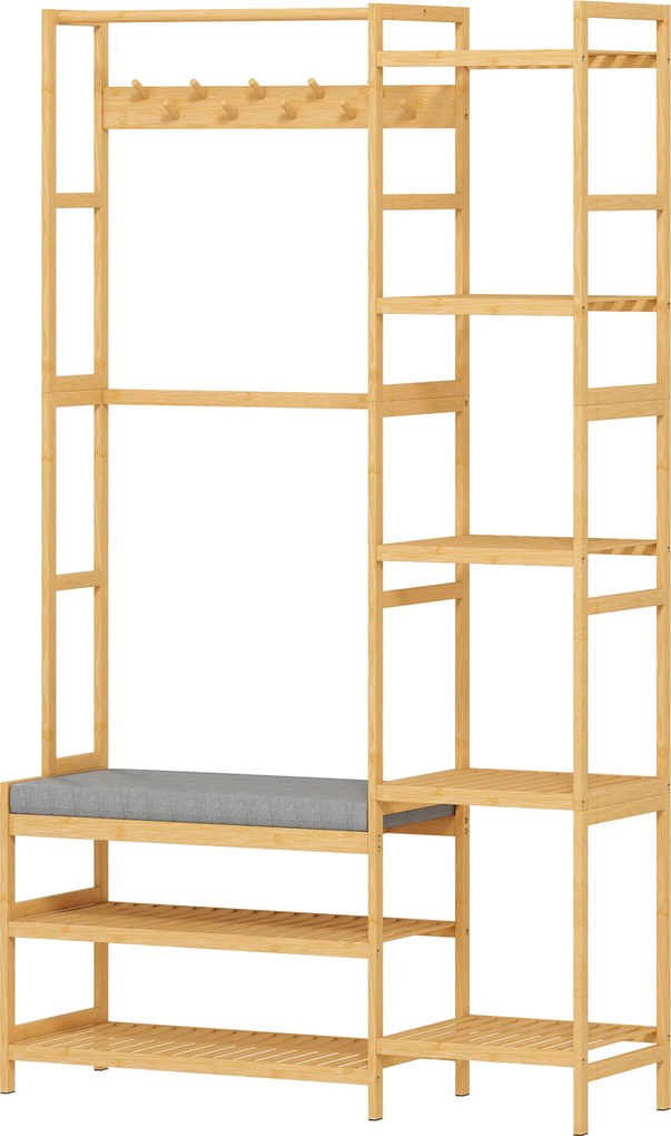 HOMCOM Wieszak na ubrania z półką na buty, haki na ubrania, stojak na płaszcze, ławka z poduszką, do przedpokoju, strefy wejściowej, drewno naturalne