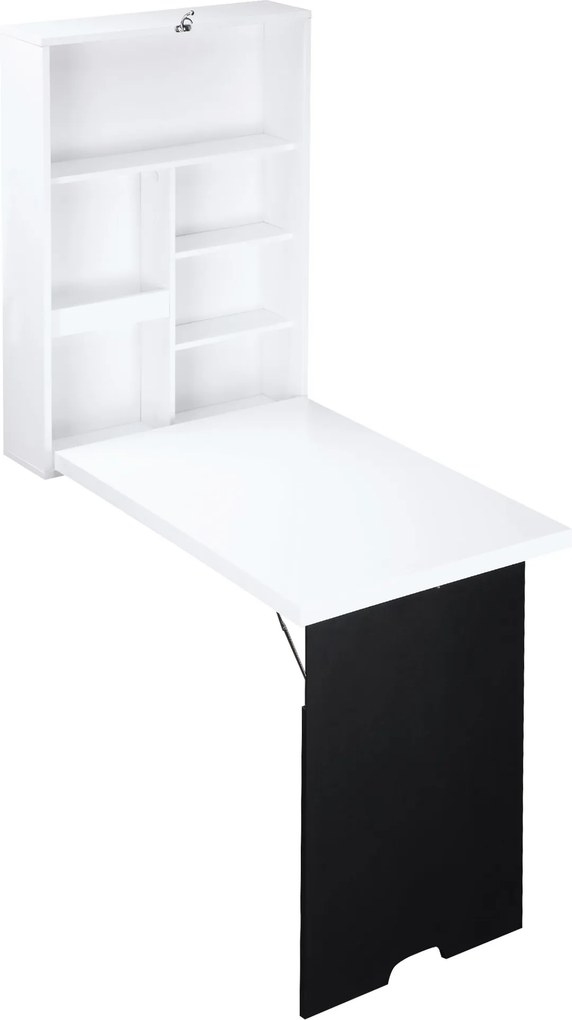 HOMCOM Biurko ścienne z tablicą, 5 półkami, składane biurko komputerowe do biura, białe+czerne 60 x 94,5 x 147 cm