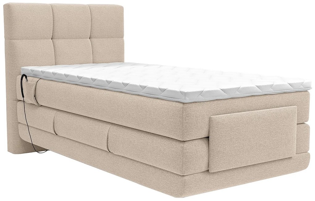 Zestaw łóżko kontynentalne z pikowanym zagłówkiem + stelaż elektryczny relaksacyjny + materac + nakładka na materac - 100 x 200 cm - Tkanina - Beżowy - LODI marki PALACIO