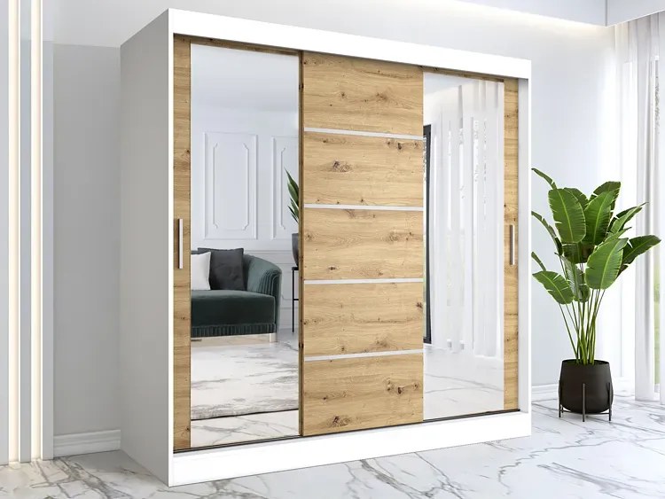 Szafa przesuwna z lustrami 200 cm biały + dąb artisan - Ebia 6X