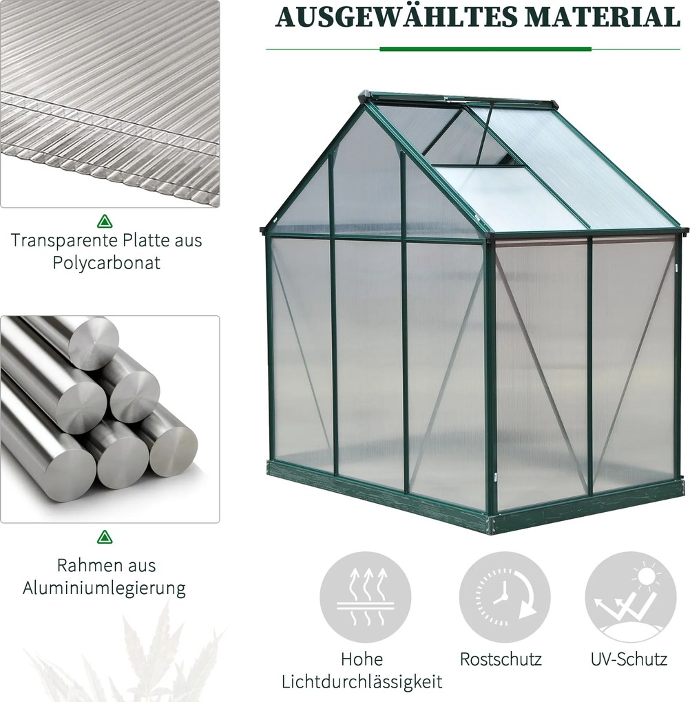 Szklarnia Outsunny z oknem dachowym, 190 x 132 x 201 cm, Zielona+Przezroczysta, Pomidorarnia z fundamentem