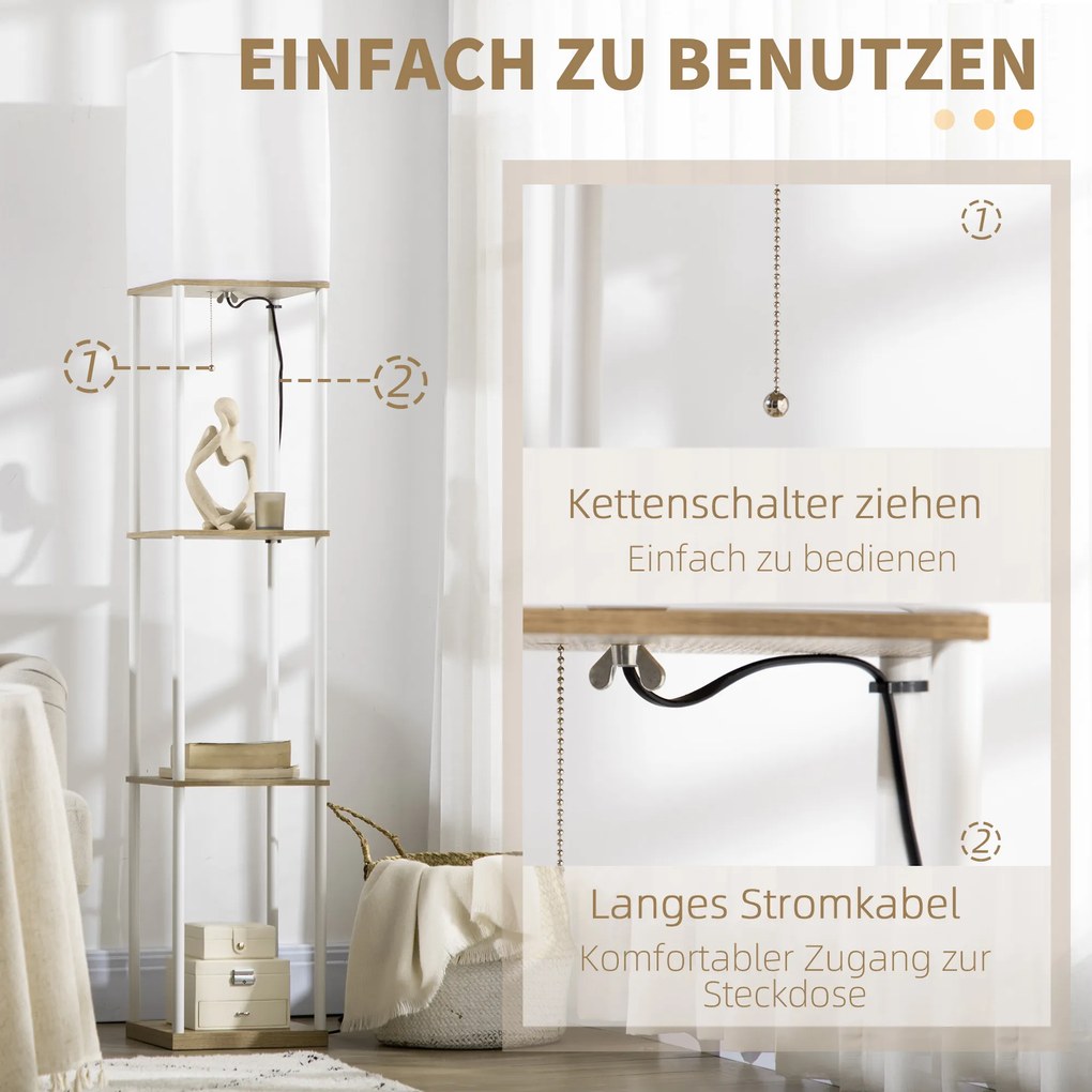 HOMCOM Lampa stojąca, kinkiet z półkami, rama metalowa, abażur z tkaniny, 26x26x159cm, Biały/Brązowy